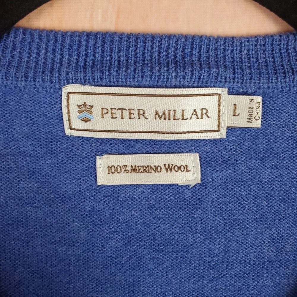 Peter‎ Millar Mens Sweater Large Blue 100% Merino Wool Long Sleeve Pullover